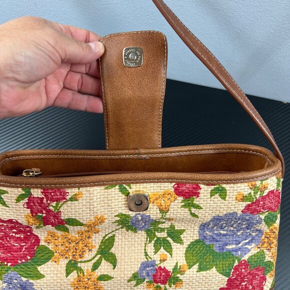 VTG Liz Claiborne Woven Floral Straw Shoulder Bag Leather Trim Pineapple Charm - Picture 6 of 16